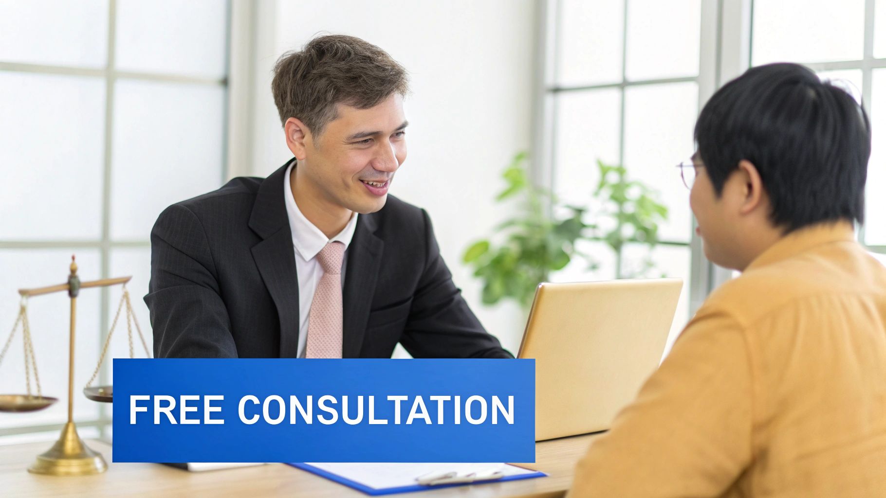 An attorney in a suit smiling at a client across a desk, with scales of justice and a laptop, offering a free consultation.