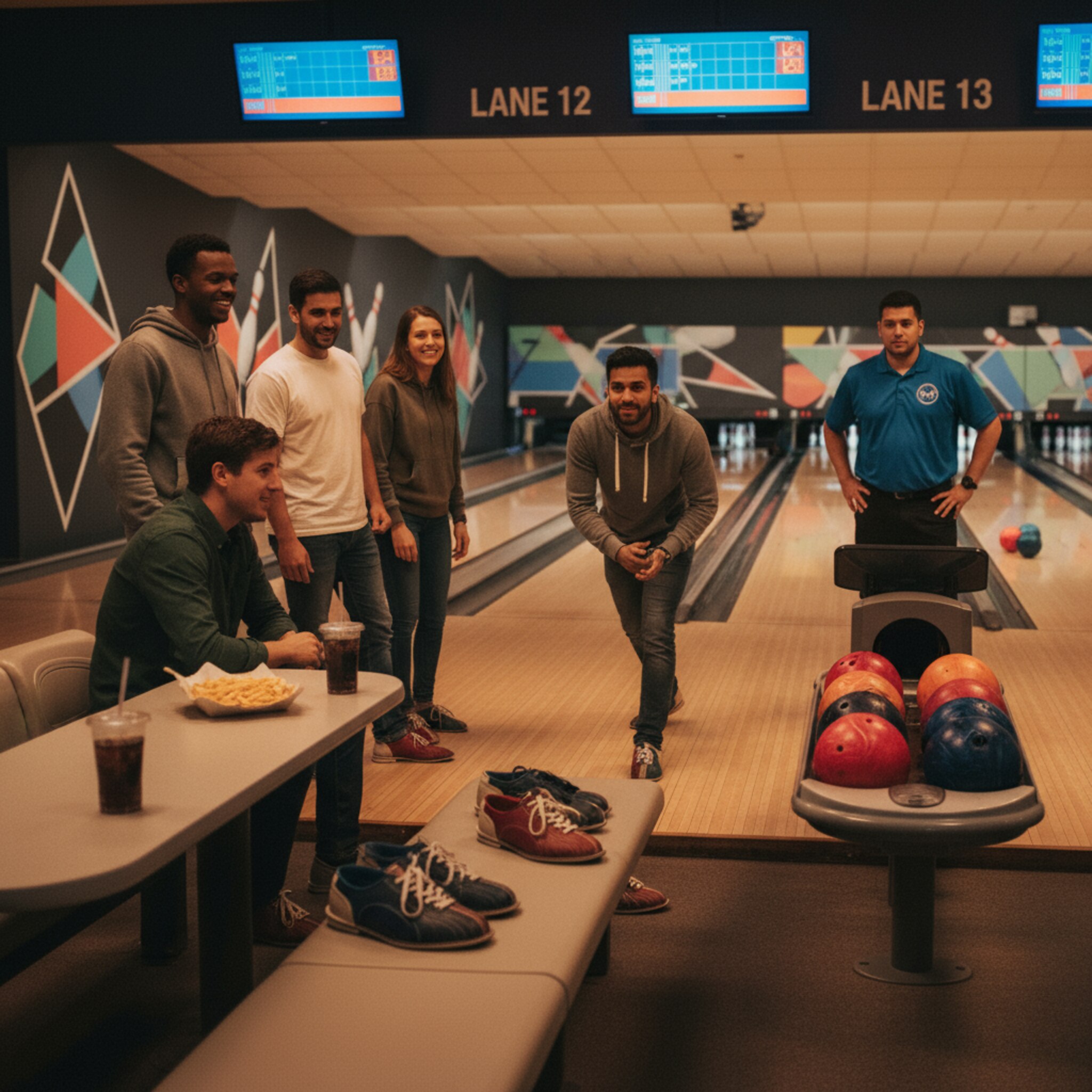 Abendliches Bowlingcenter mit warmem Neonlicht, das glänzende Holzböden streift. Eine Gruppe Freunde jubelt, als die Pins laut kollern. Leihschuhe stehen ordentlich neben der Bank, Cola und Pommes dampfen auf dem Tisch. Ein Mitarbeiter hebt einen Daumen, während er die Bahnbeleuchtung checkt.