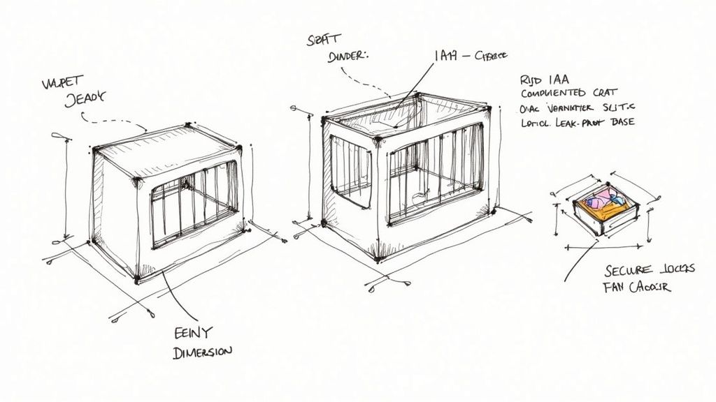 Hand-drawn sketch showing three pet carrier crate designs with annotations for airline travel specifications