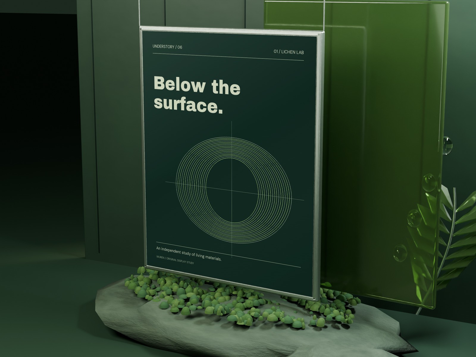 An original portrait artwork suspended in a glass and silver gallery frame above moss-covered mineral, in a softly lit dark green space.