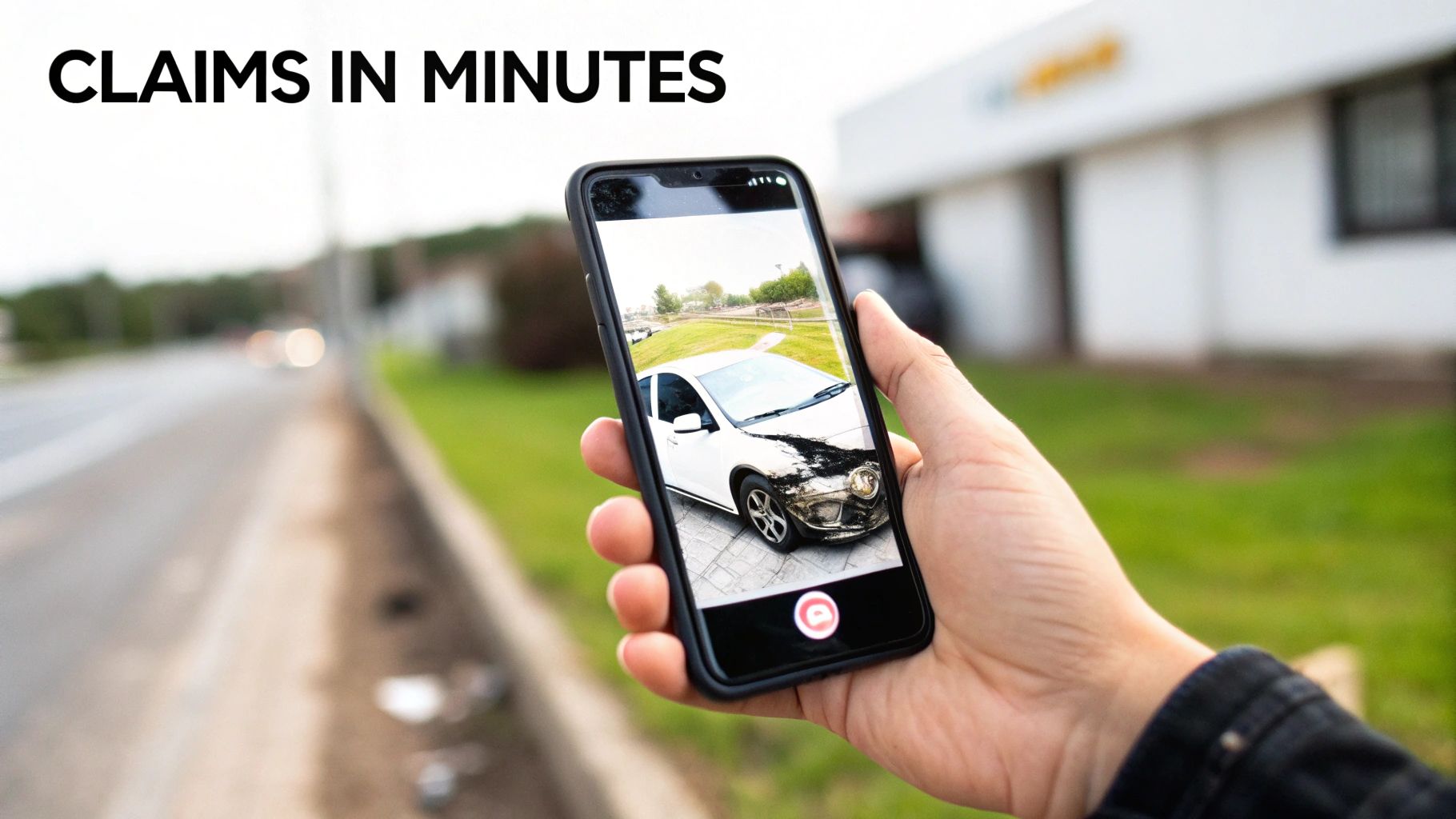 A hand holds a smartphone displaying a damaged white car, illustrating quick insurance claims.
