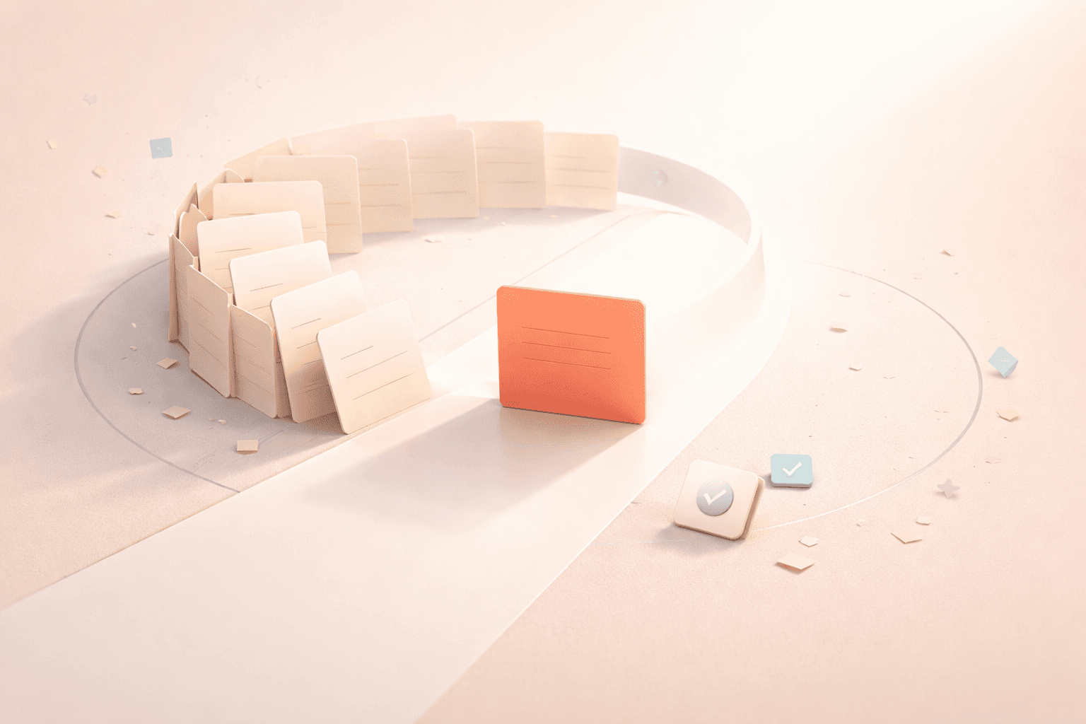 Minimalistische 3D-Illustration einer korallfarbenen Fokuskarte auf einem klaren Weg nach vorne, während sich dahinter mehrere helle Karten in einer kreisförmigen Schleife stapeln und endlose Überarbeitung symbolisieren. Vor dem Fokus-Element öffnet sich ein heller, freier Pfad, ergänzt durch kleine Entscheidungssymbole auf einem warmen, cremefarbenen Hintergrund mit weichen Schatten.