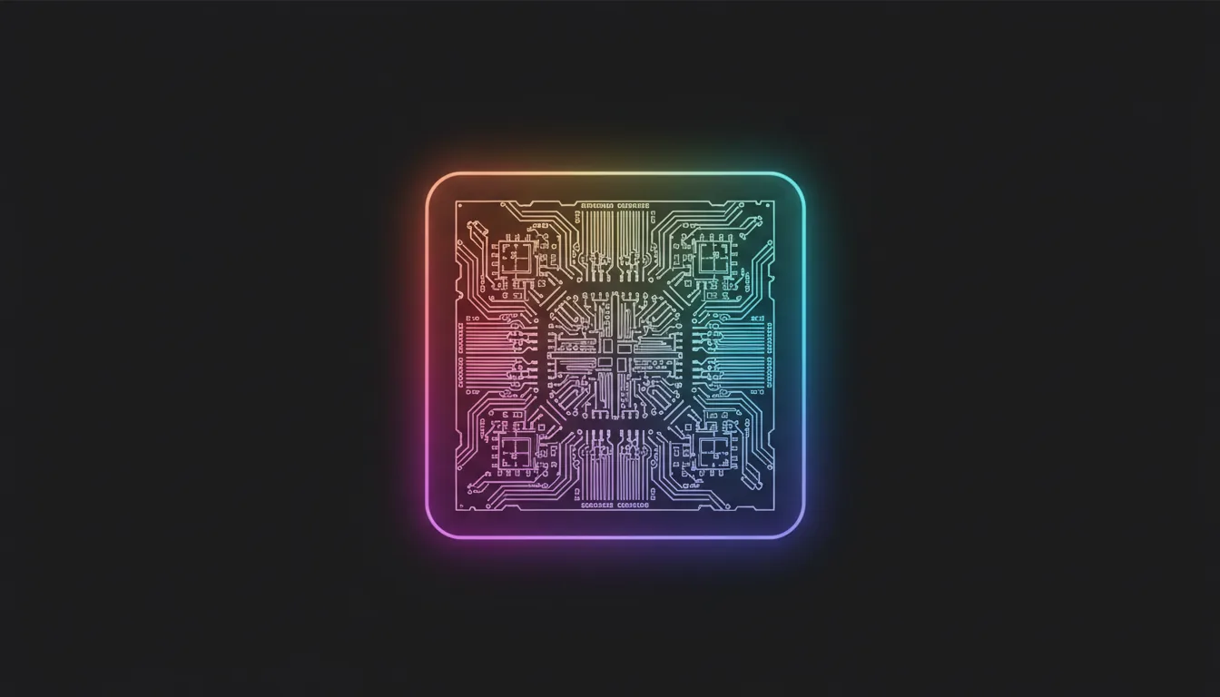 Minimalist graphic illustration of an Apple M3 computer processor die-shot, centered on a pure black background. The intricate, square architecture is depicted with clean, thin lines. A vibrant, smooth color gradient flows horizontally across the chip, starting with warm magenta-red on the left and transitioning through orange and yellow to cool cyan and deep purple on the right. The entire composition is encased in a thin, glowing blue-to-purple neon frame with soft, rounded corners.