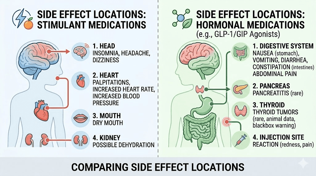 Phentermine cardiovascular side effects vs tirzepatide gastrointestinal side effects diagram