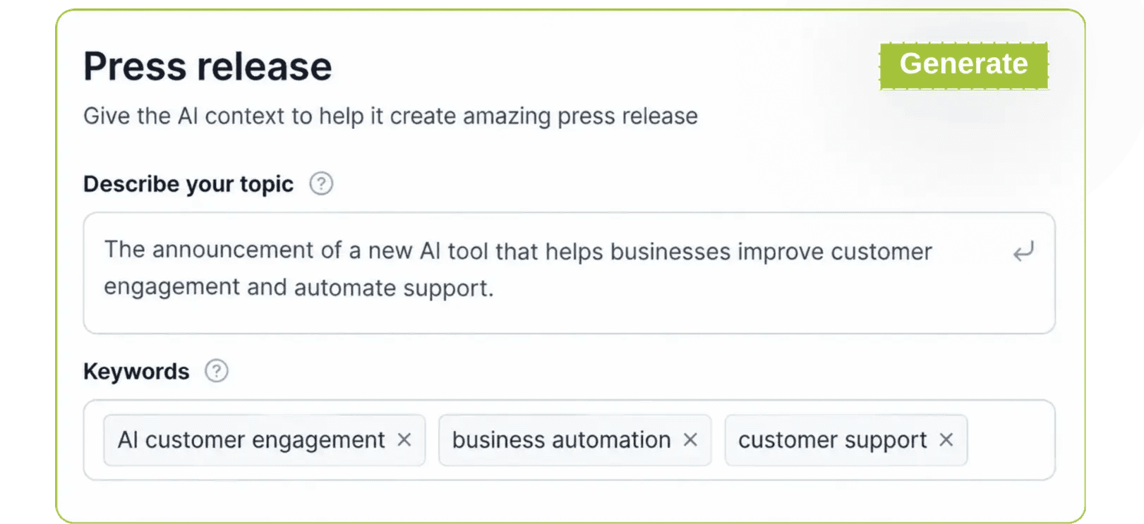 AI press release generator input fields for topic and keyword tags