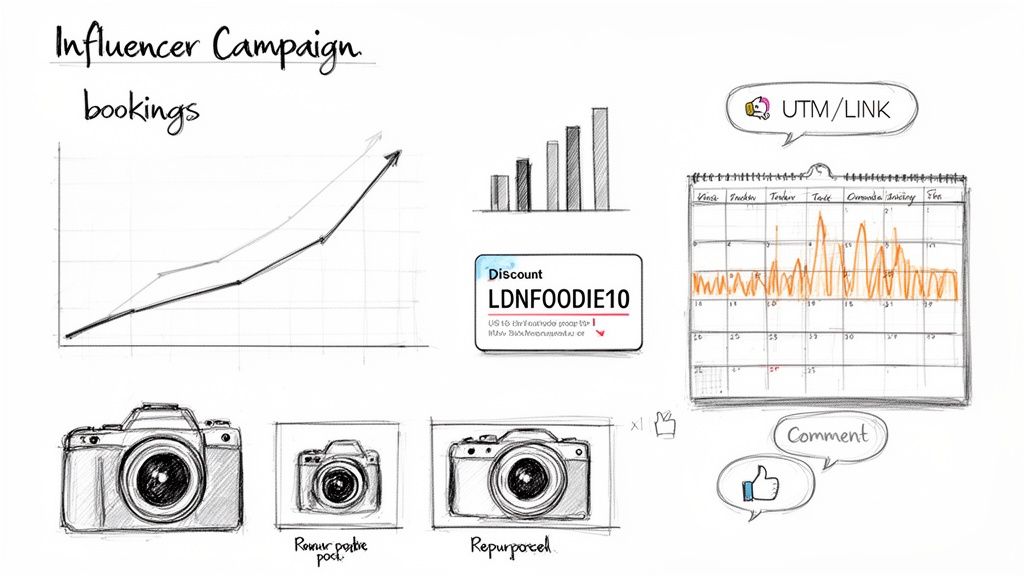 An influencer campaign dashboard showing bookings growth, discount codes, content types, and social media engagement.