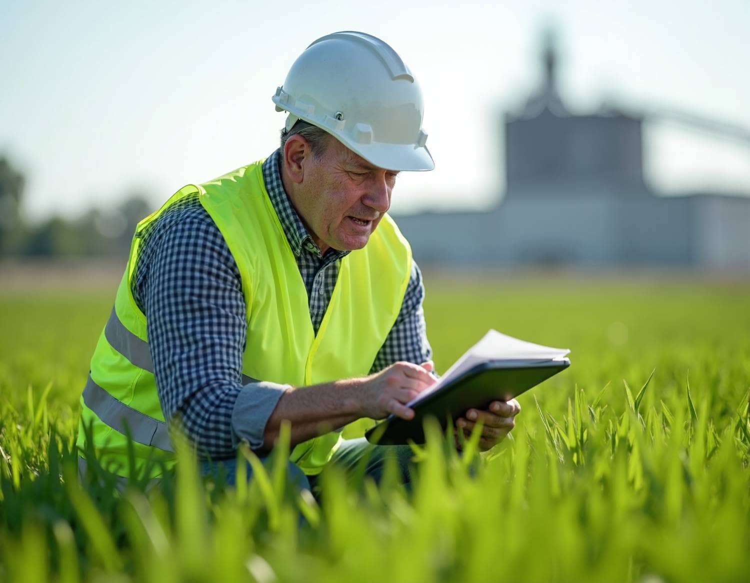 Un technicien ou un ingénieur en chemise à carreaux, portant un casque de sécurité blanc et une veste de haute visibilité jaune, est accroupi dans un champ d'herbe verte et examine des documents sur un calepin ou une tablette. À l'arrière-plan flou, des silos ou bâtiments industriels sont visibles sous une forte lumière du soleil.