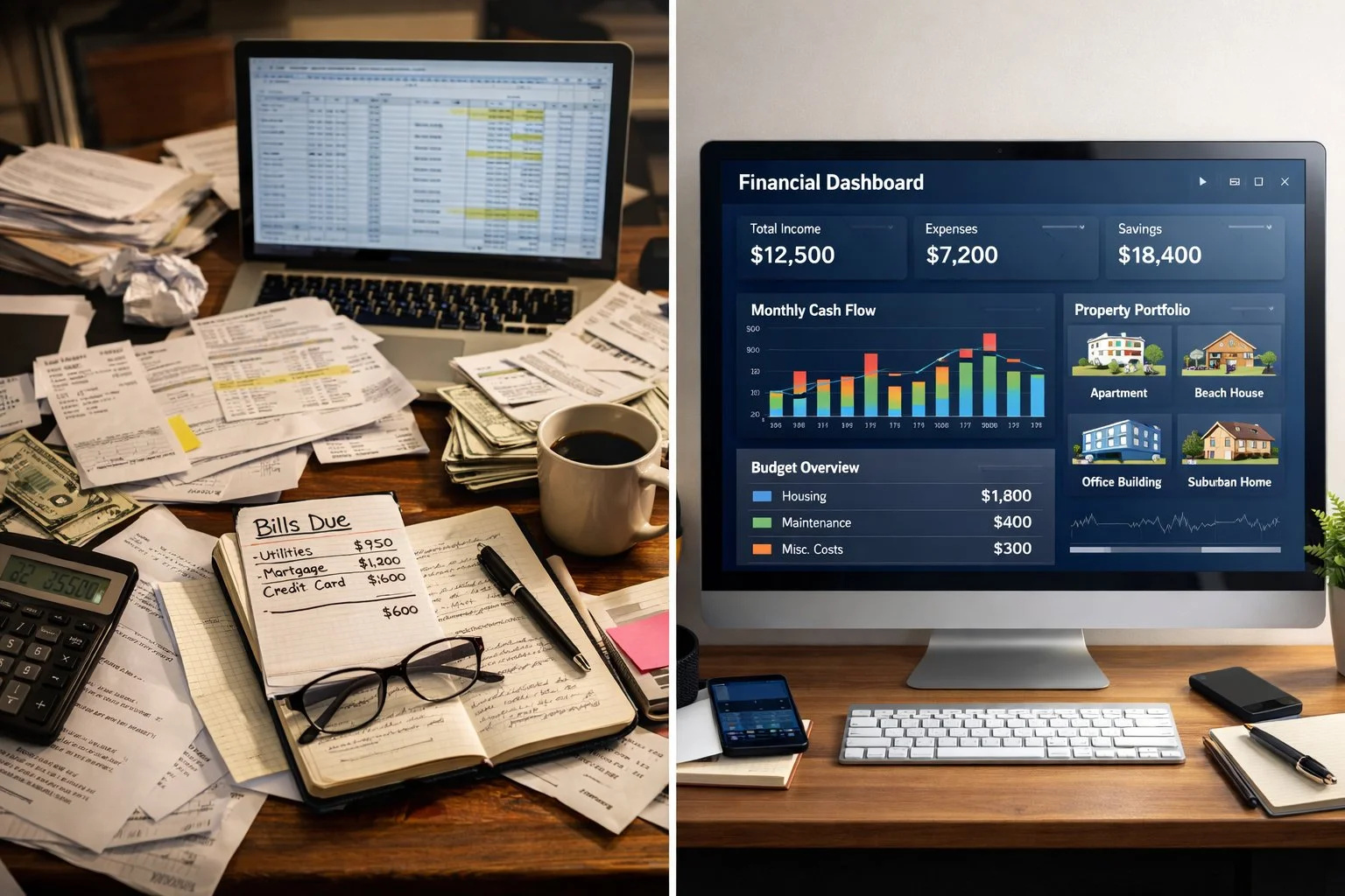 Split image comparing cluttered papers and messy spreadsheets on one side with a clean digital financial dashboard and charts on the other.