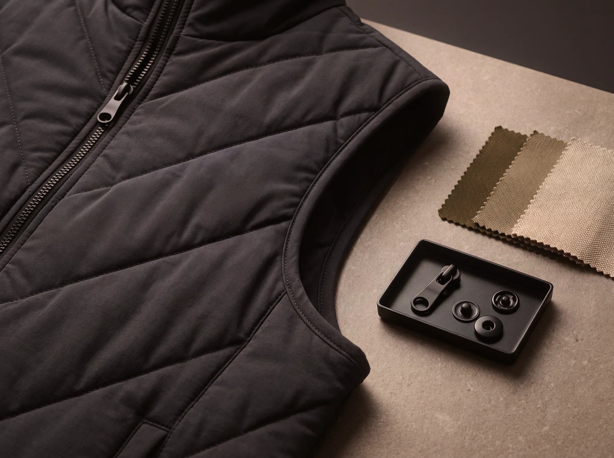 Close-up of a black quilted vest with zipper hardware and neutral fabric swatches.