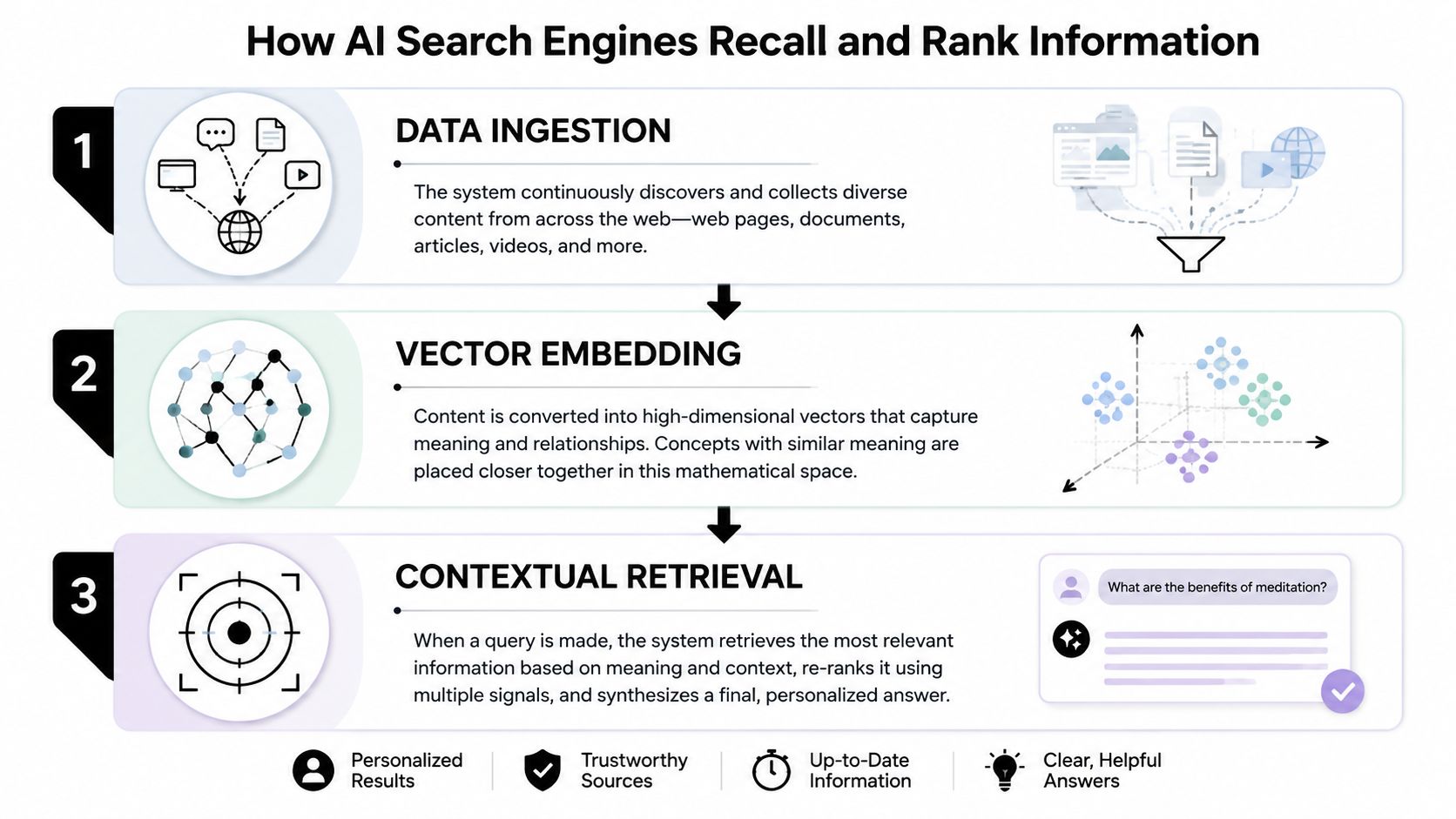A three-step infographic illustrating the data ingestion, vector embedding, and contextual retrieval process for AI search engines.