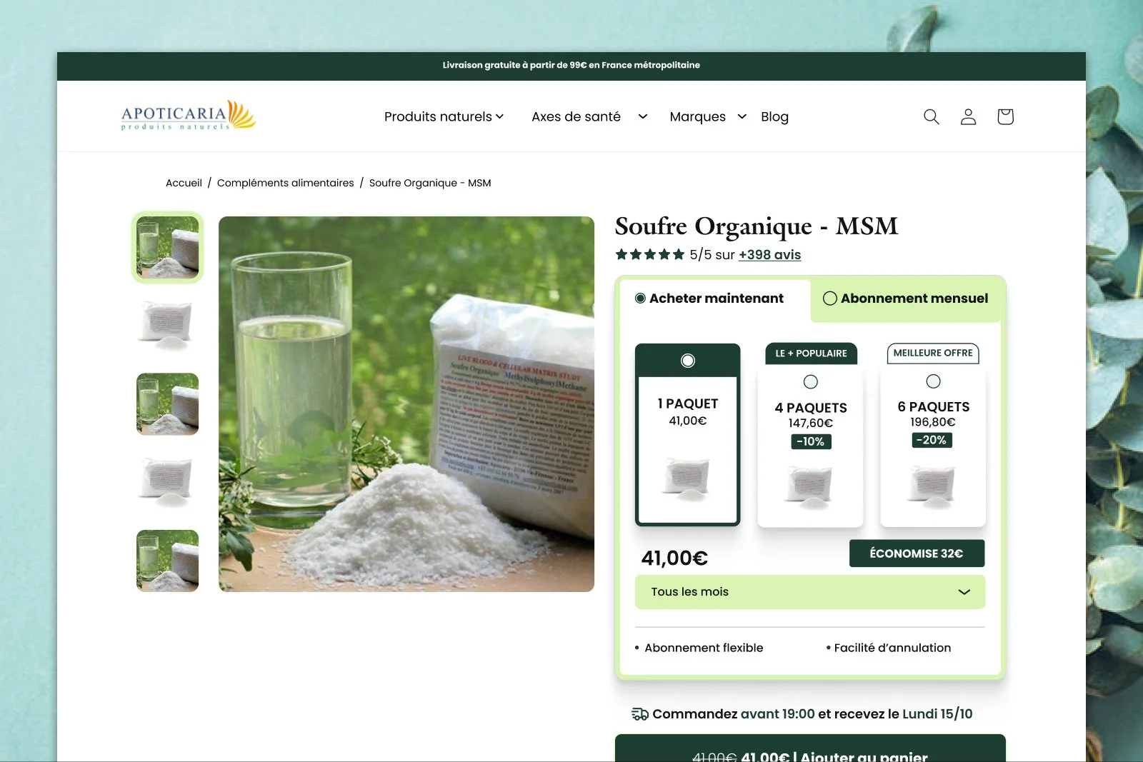 Refonte de la fiche produit Apoticaria desktop avec sélecteur de packs, abonnement mensuel et galerie produit