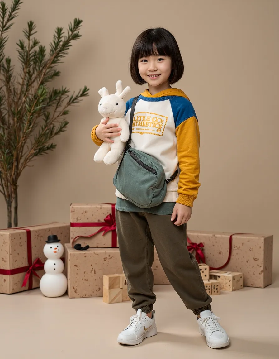 Child wearing colorblock sweatshirt holding plush toy with holiday gift boxes in warm neutral studio setting