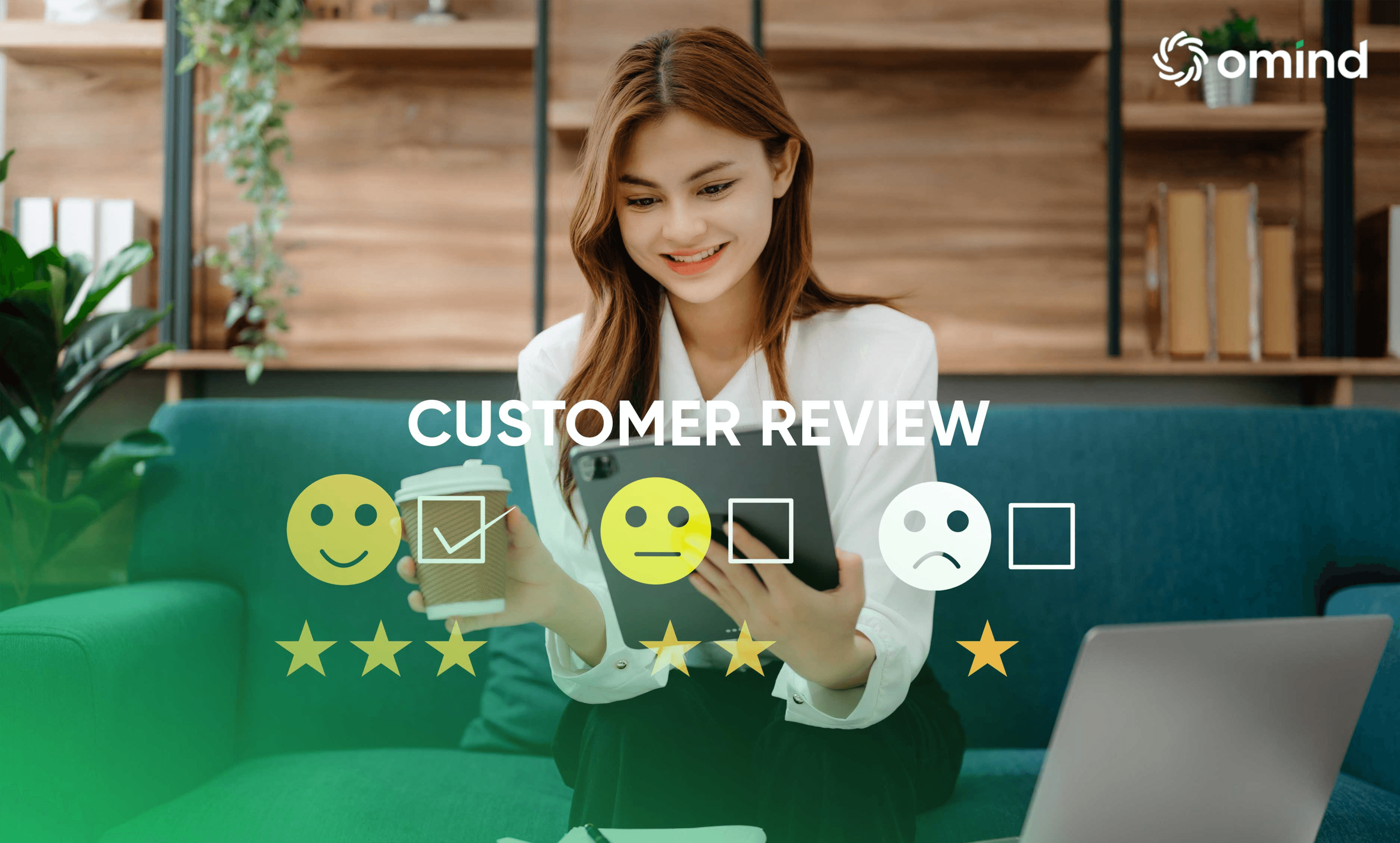 A woman in a casual office setting smiles while using her smartphone and laptop, with graphics representing customer reviews and ratings.