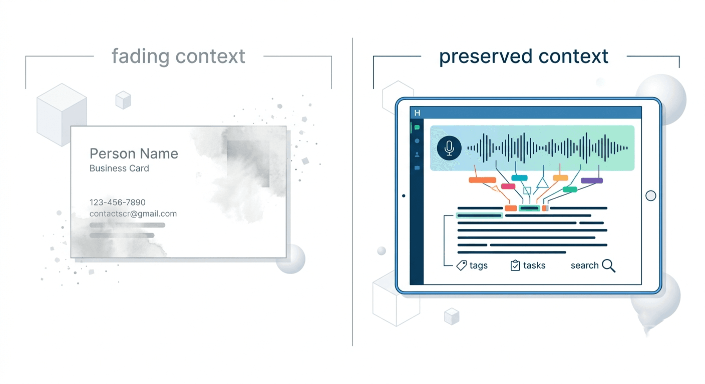 Comparison between forgotten lead details and Habsy voice note transcription that preserves conversation context for future follow-up.