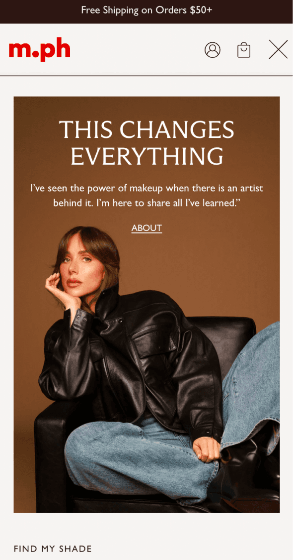 Mobile campaign page for m.ph beauty featuring brand storytelling and product promotion