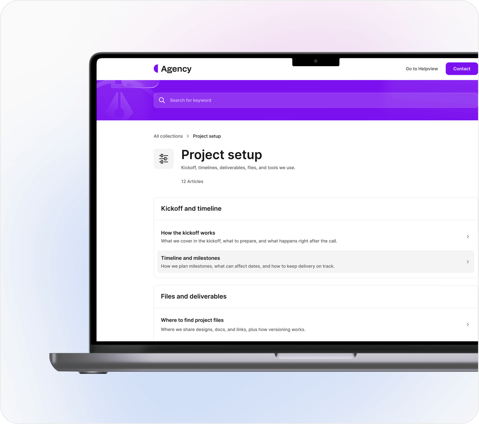 Agency help center project setup section with kickoff timeline and project deliverables documentation.