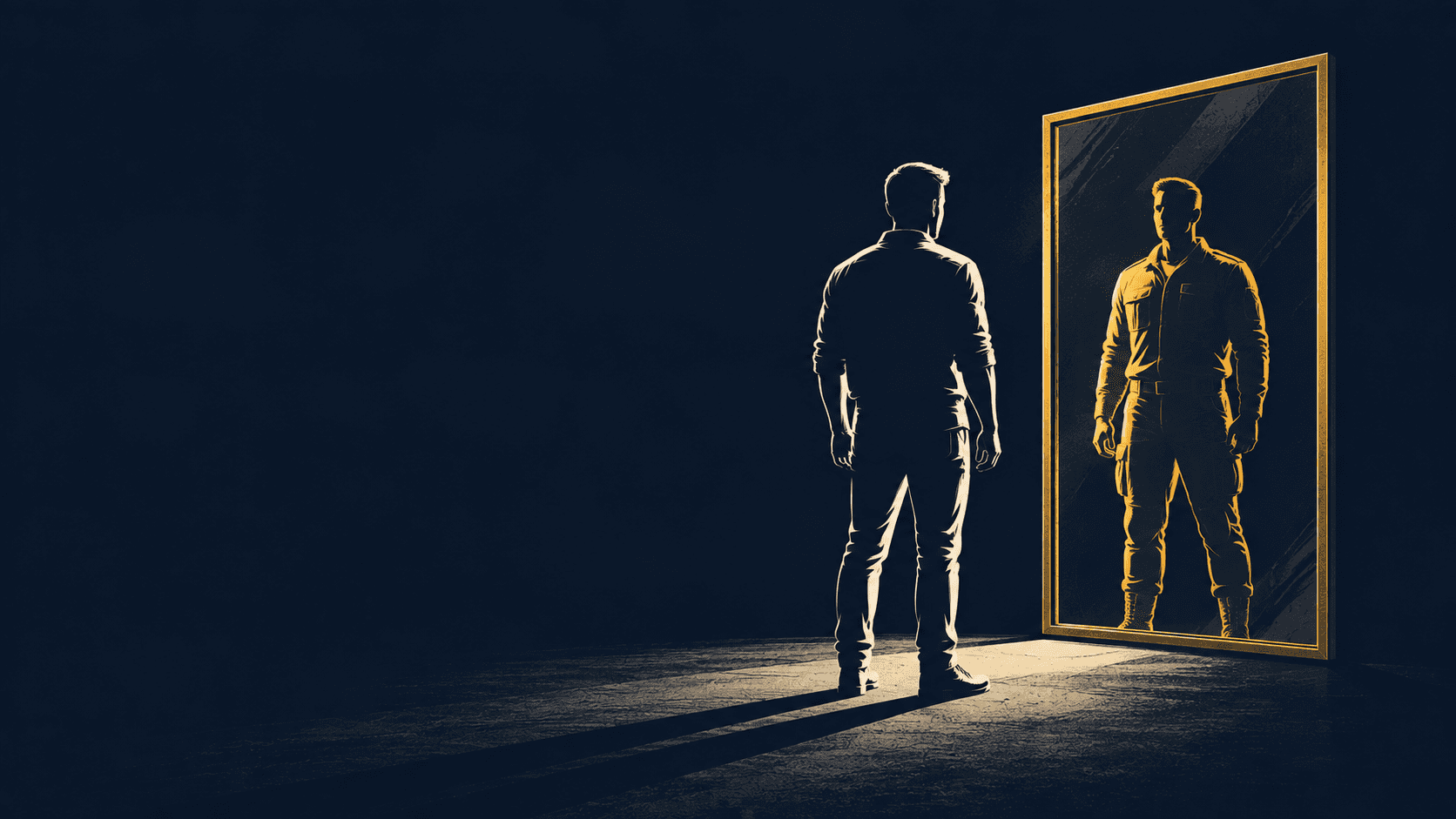 A silhouette facing a mirror with a distinct gold reflection on a navy background, representing becoming a version of yourself you haven't met yet.