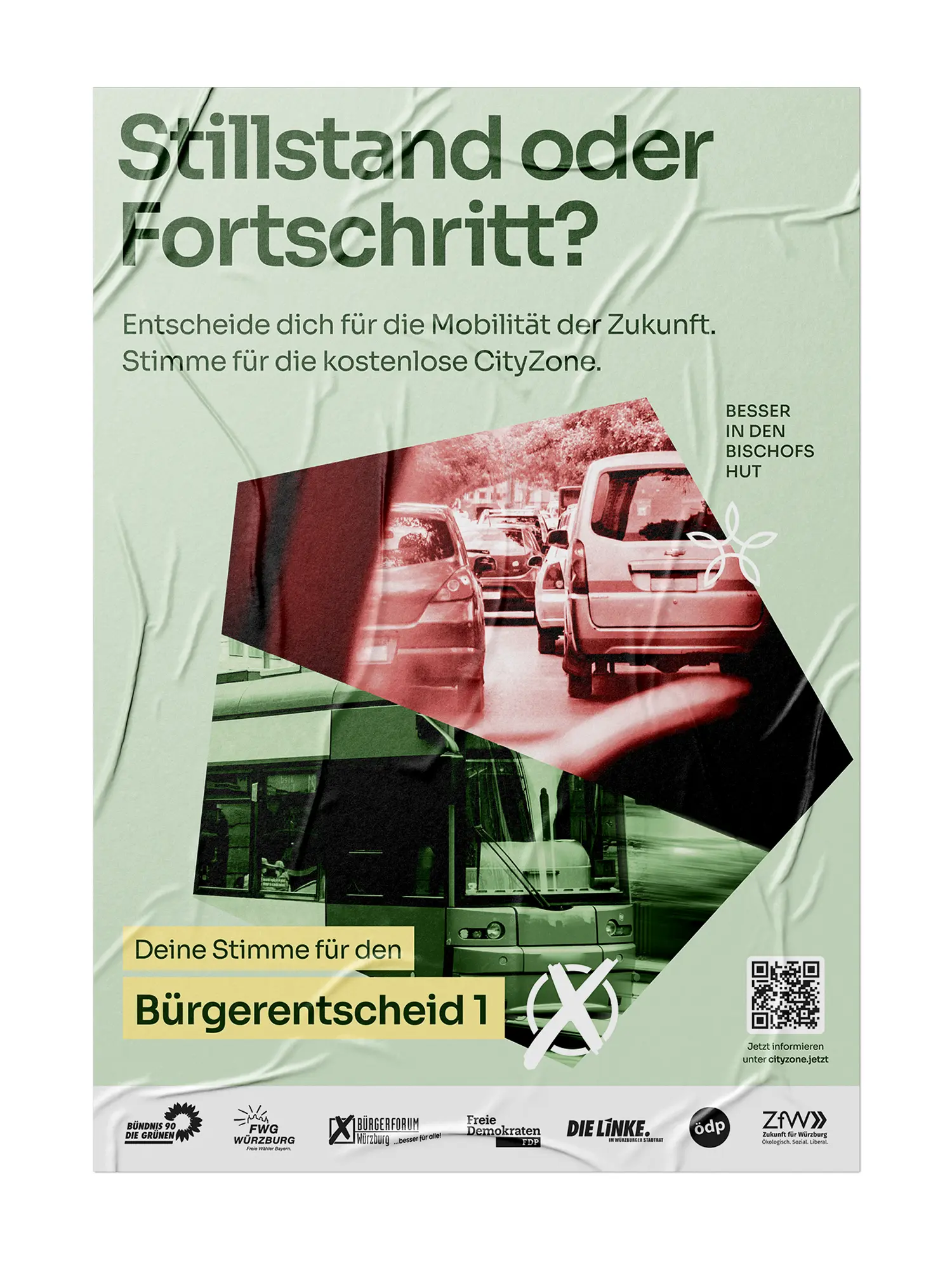 Plakat „Stillstand oder Fortschritt?“ mit Kontrast aus Autostau und Straßenbahn für die kostenlose CityZone.
