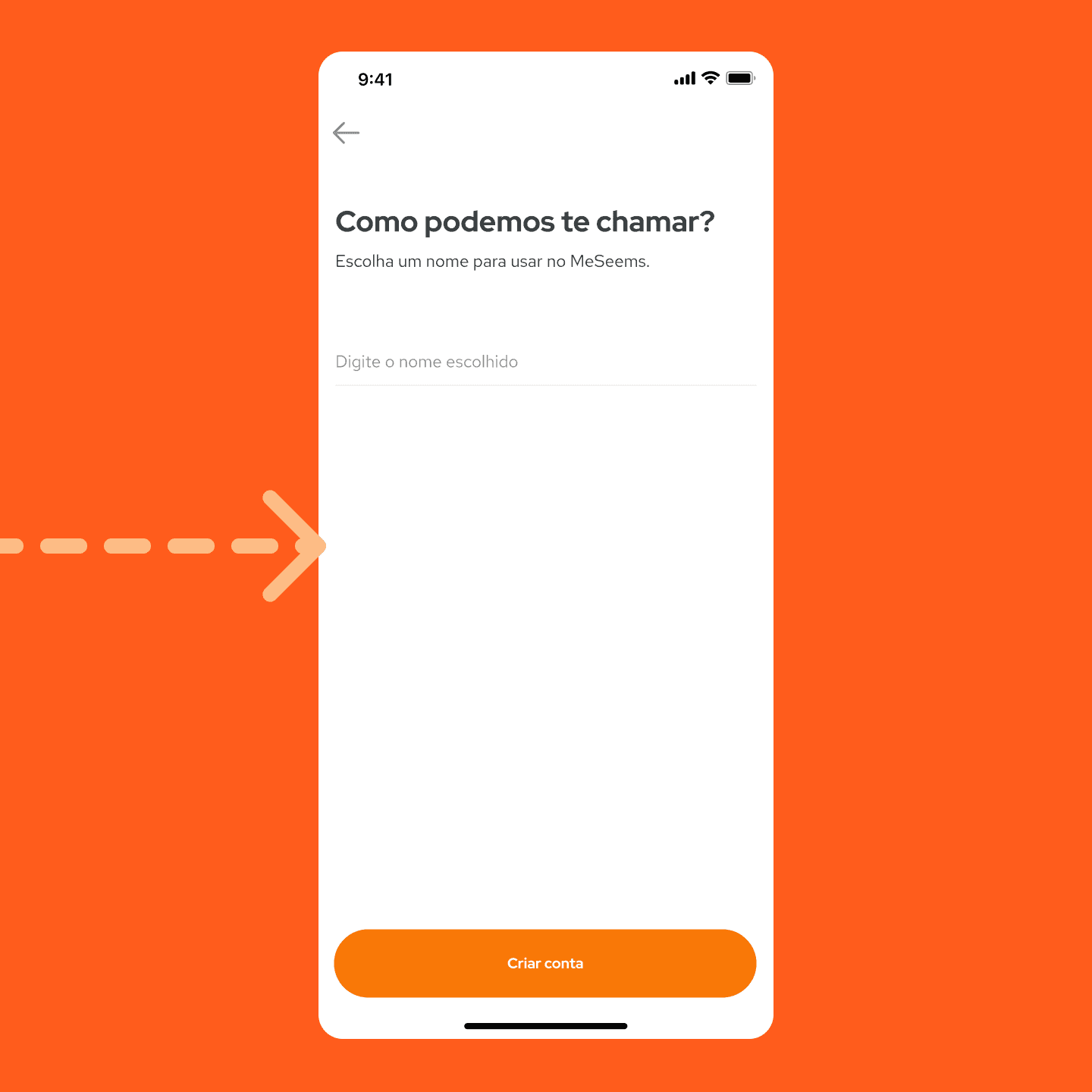 Tela de cadastro do nome, com o botão 'Criar conta' como ação principal.