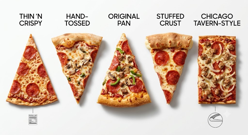 A side-by-side comparison of five different Pizza Hut pizza slices on a clean white background, showcasing the visual and textural differences of Thin ‘N Crispy, Hand-Tossed, Original Pan, Stuffed Crust, and Chicago Tavern-Style crusts.