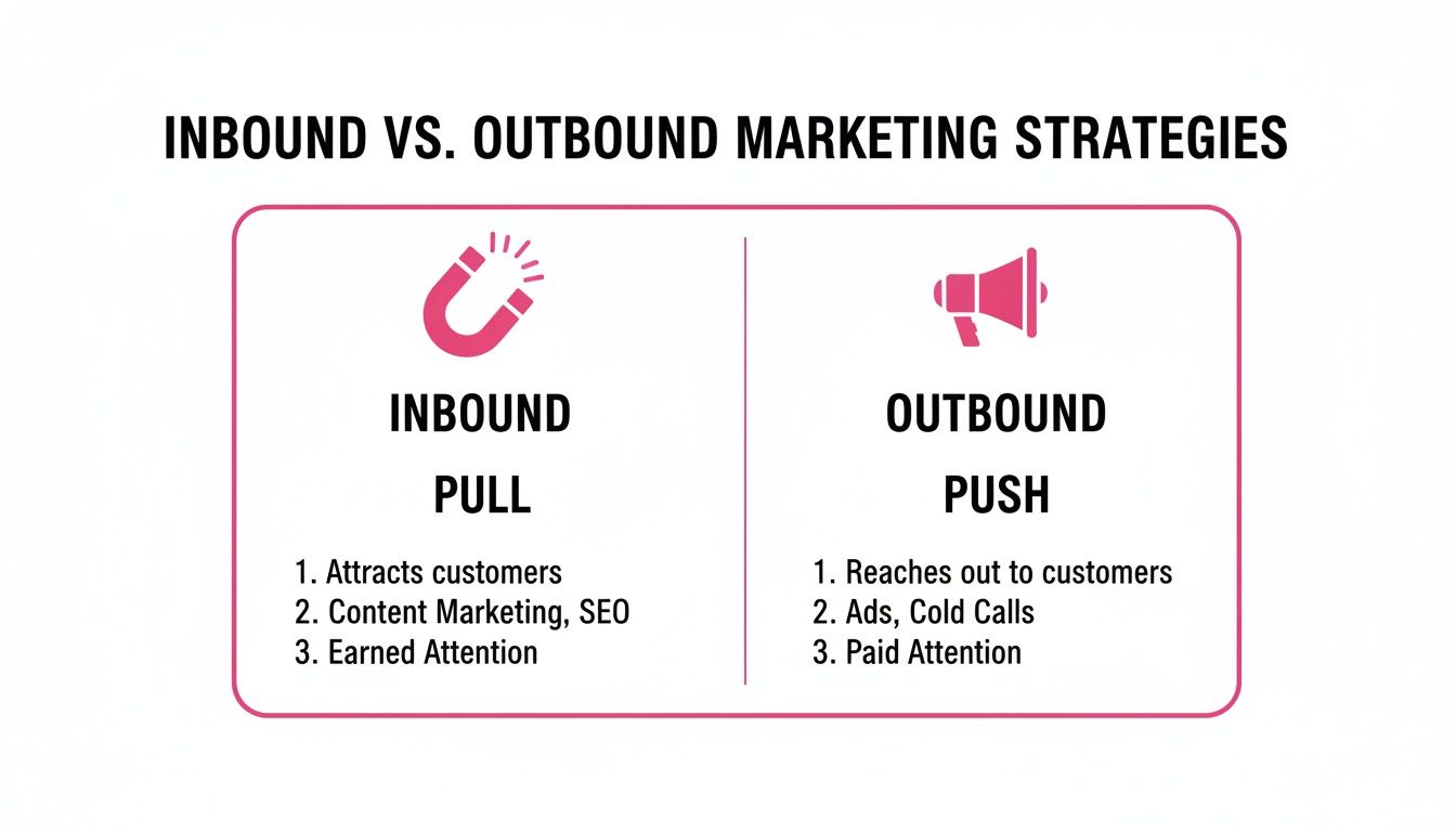 Diagram comparing Inbound (pull) and Outbound (push) marketing strategies, highlighting methods and customer interaction.