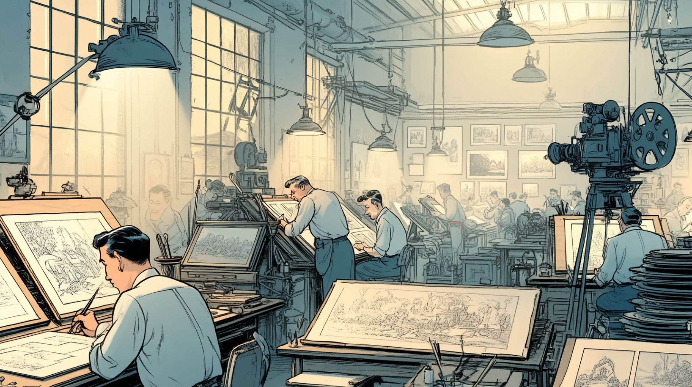 A bustling animation studio filled with artists drawing by hand beneath warm light, each frame a piece of a growing creative machine.