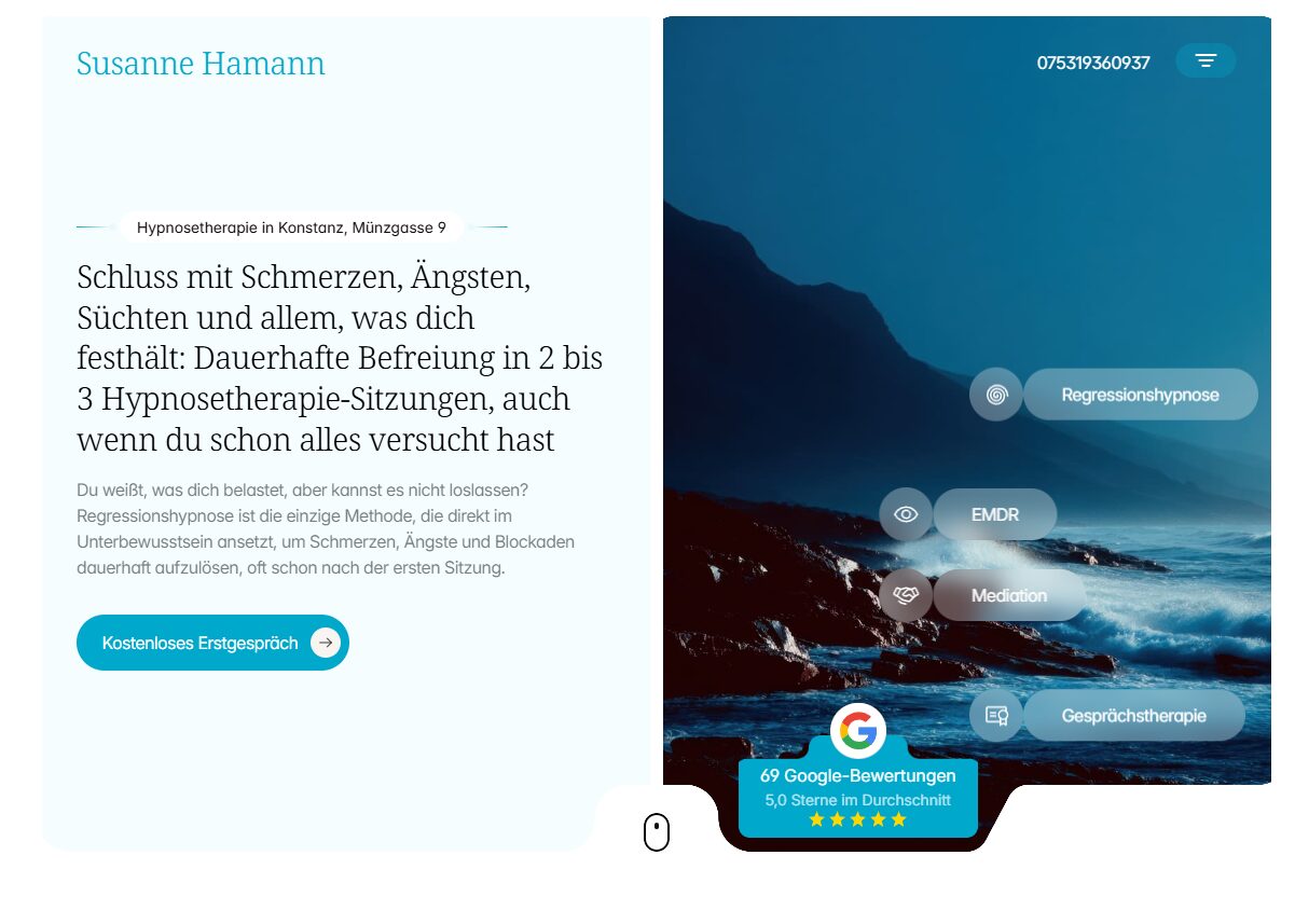 Screenshot: Startseite der Website von Susanne Hamann – Hypnosetherapie in Konstanz mit Überschrift, Button „Kostenloses Erstgespräch“, Leistungsübersicht und 69 Google-Bewertungen
