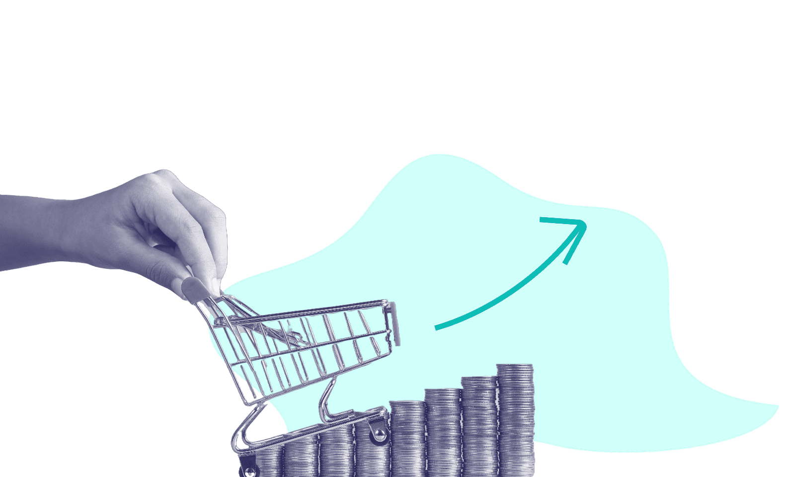 Hand pushing shopping mini shopping cart up a stack of coins. Arrow pointing upwards
