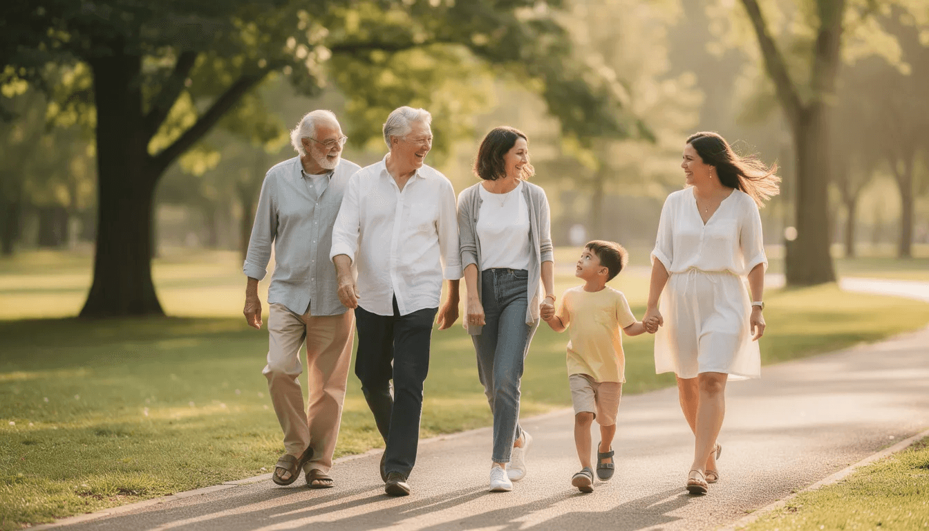 The image depicts multiple generations of a family, including grandparents, parents, and children, walking together outdoors in a lush green park, enjoying each other's company. This scene captures the essence of family bonds and togetherness, reminiscent of discussions about estate planning and trust assets for future generations.
