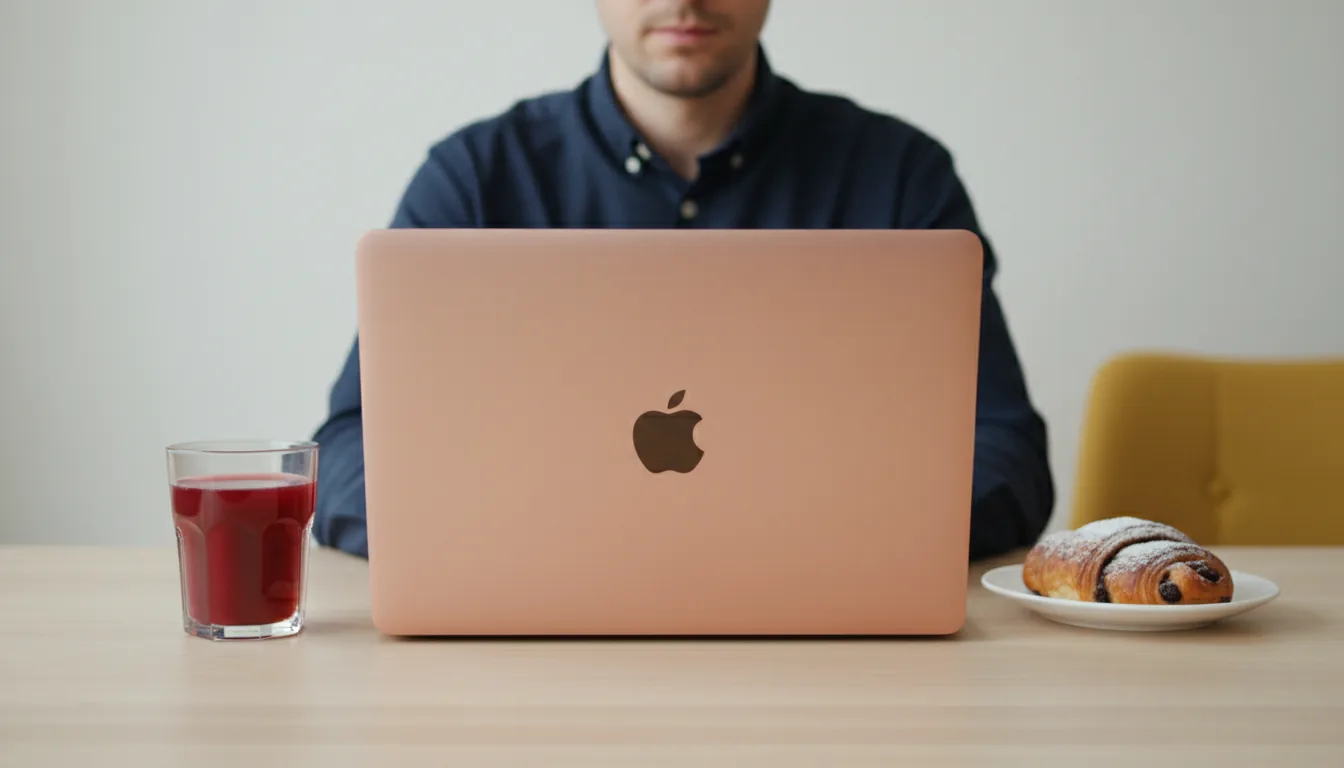 DSLR photo, eye-level shot of the back of a rose gold MacBook on a light wood desk. A man wearing a dark navy button-down shirt sits behind the laptop, his torso visible but head cropped out of the frame. The scene is lit with soft, natural daylight. On the desk, next to the laptop, is a glass of dark red juice and a small white plate with a chocolate pastry. Shallow depth of field with sharp focus on the laptop, the background shows a plain wall and a yellow chair softly blurred.