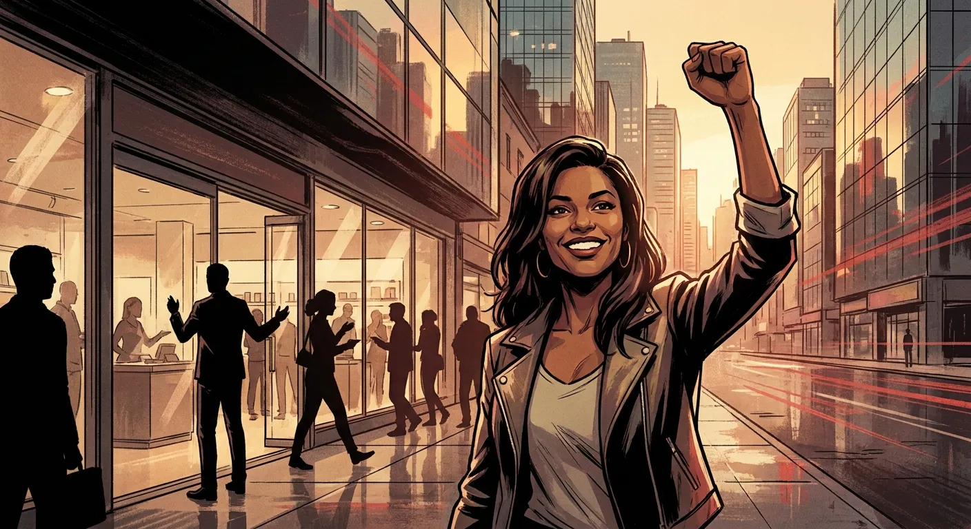 Woman raises fist confidently in city; RockN' Socials Digital Marketing Agency.
