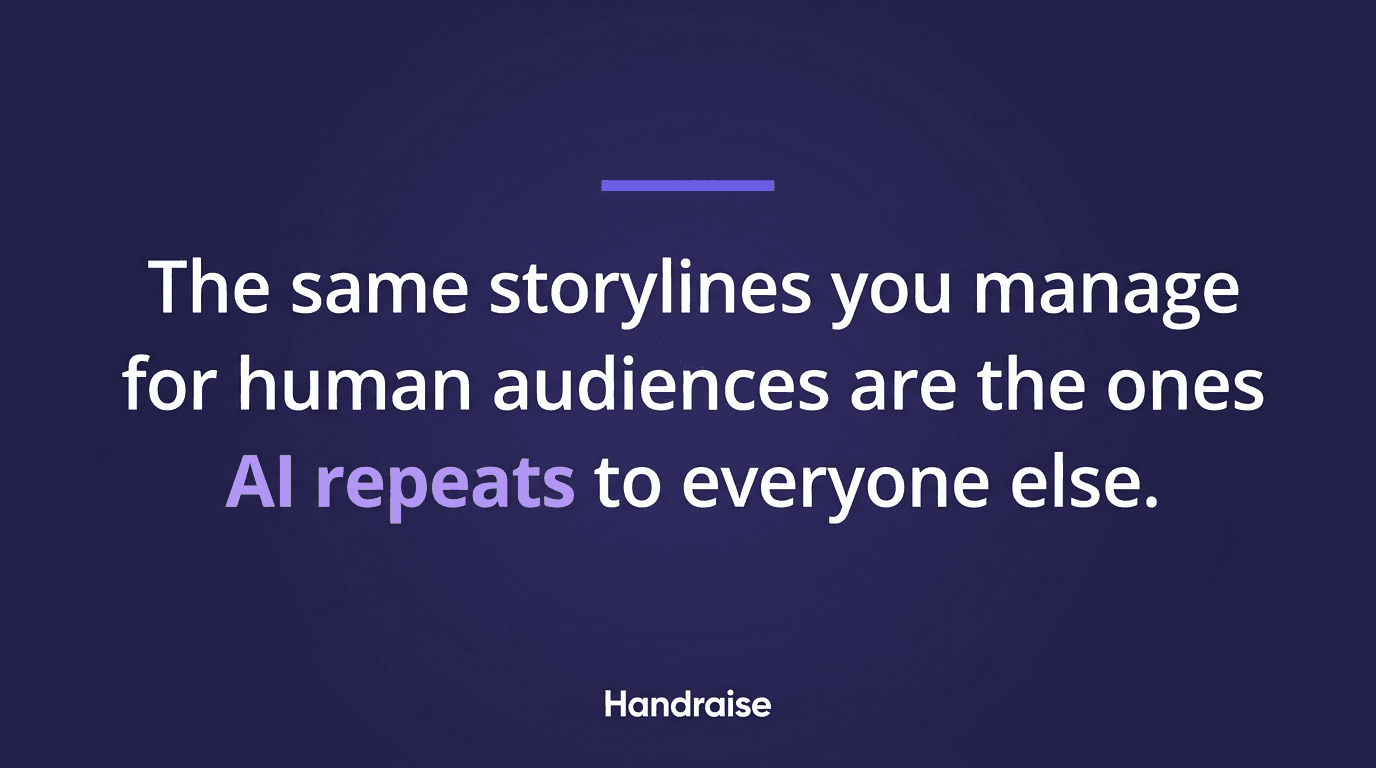 A pull quote on a deep purple background reading that the same storylines you manage for human audiences are the ones AI repeats to everyone else