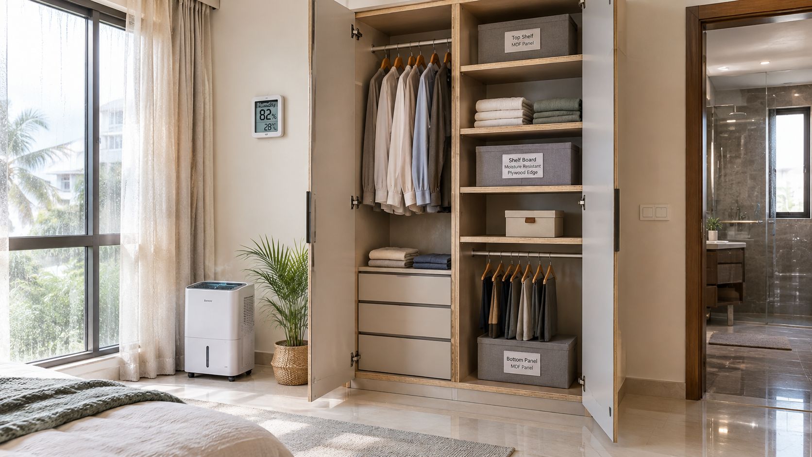 A modern bedroom wardrobe with labeled MDF and plywood shelving compartments and clothes on hangers.