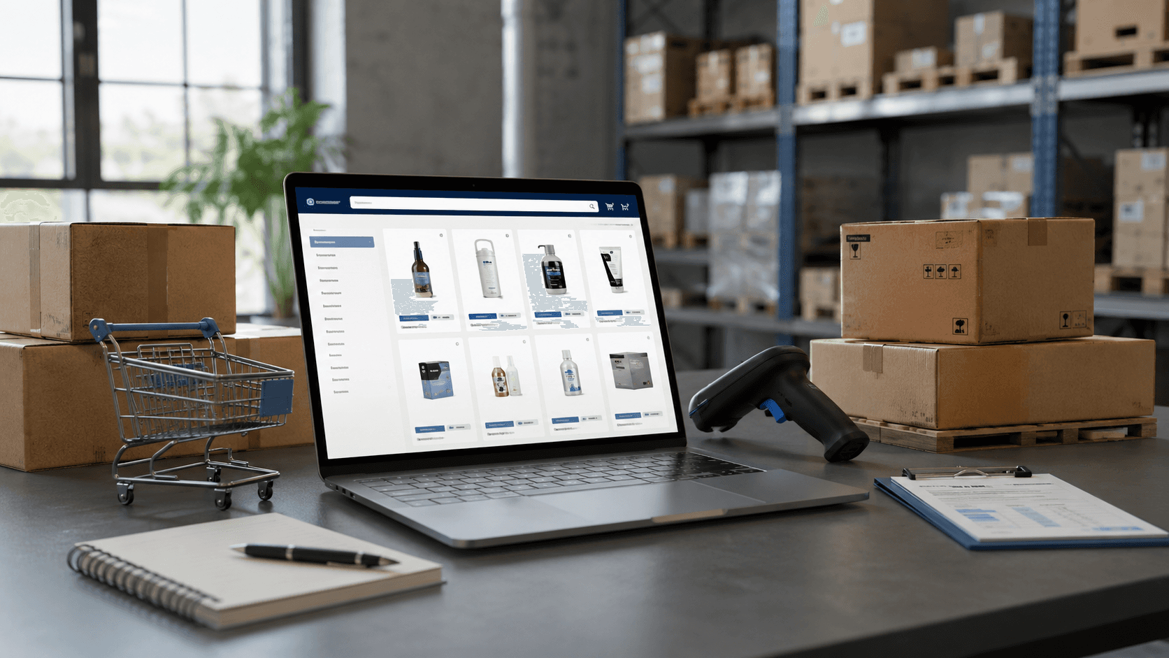 Portal B2B para distribuidoras de médio porte em um ambiente corporativo e logístico moderno. Um laptop exibe uma interface de catálogo de produtos e gestão de pedidos, cercado por caixas organizadas, scanner de código de barras, carrinho de compras em miniatura e documentos operacionais. Ao fundo, estantes industriais com estoque organizado reforçam o contexto de distribuição e atacado. A cena é renderizada em estilo realista 3D, com iluminação natural, visual limpo, profissional e focado em eficiência operacional, sem pessoas e sem texto visível.