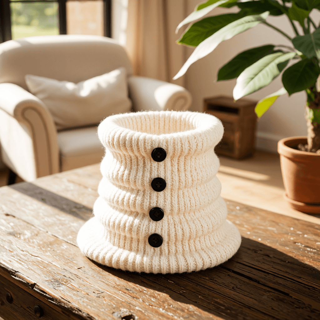 product photography of a knitted neck warmer with buttons, used for warmth and style