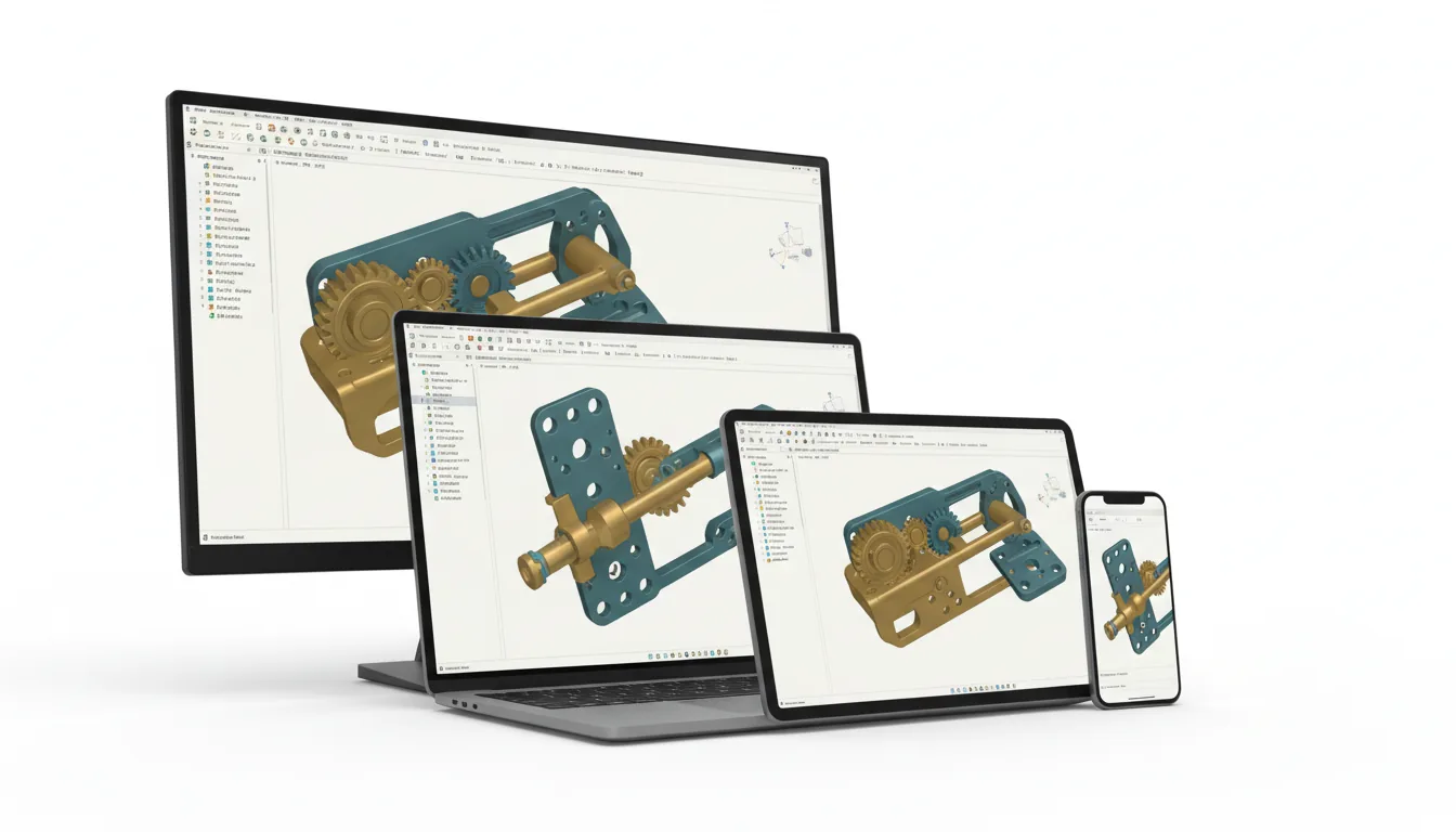 A marketing composite shot of a desktop monitor, laptop, tablet, and smartphone, all isolated on a clean white background, showcasing the Autodesk Fusion 360 software interface. Each screen displays the CAD software in a clean light mode, featuring a top toolbar with icons, a left sidebar project tree, and a central viewport with 3D models of mechanical parts. The models are rendered in matte brass and teal colors. The devices are arranged in an overlapping composition to demonstrate cross-platform functionality.