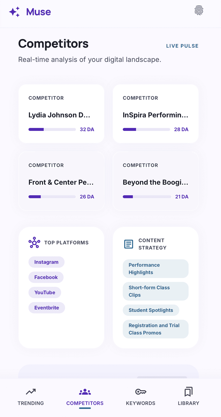 Competitor Page where users could see competitor analysis of their brand, including platforms, strategy, keyword focus, and marketing insight