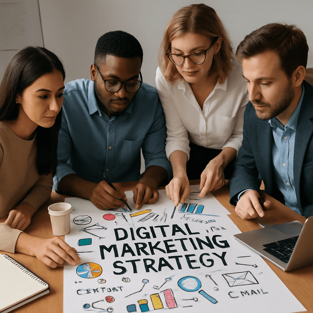 A group of professionals working together on a digital marketing strategy