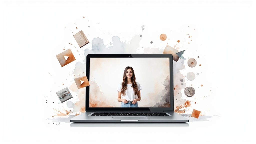 A laptop displays a woman in a white shirt, surrounded by abstract digital media icons.