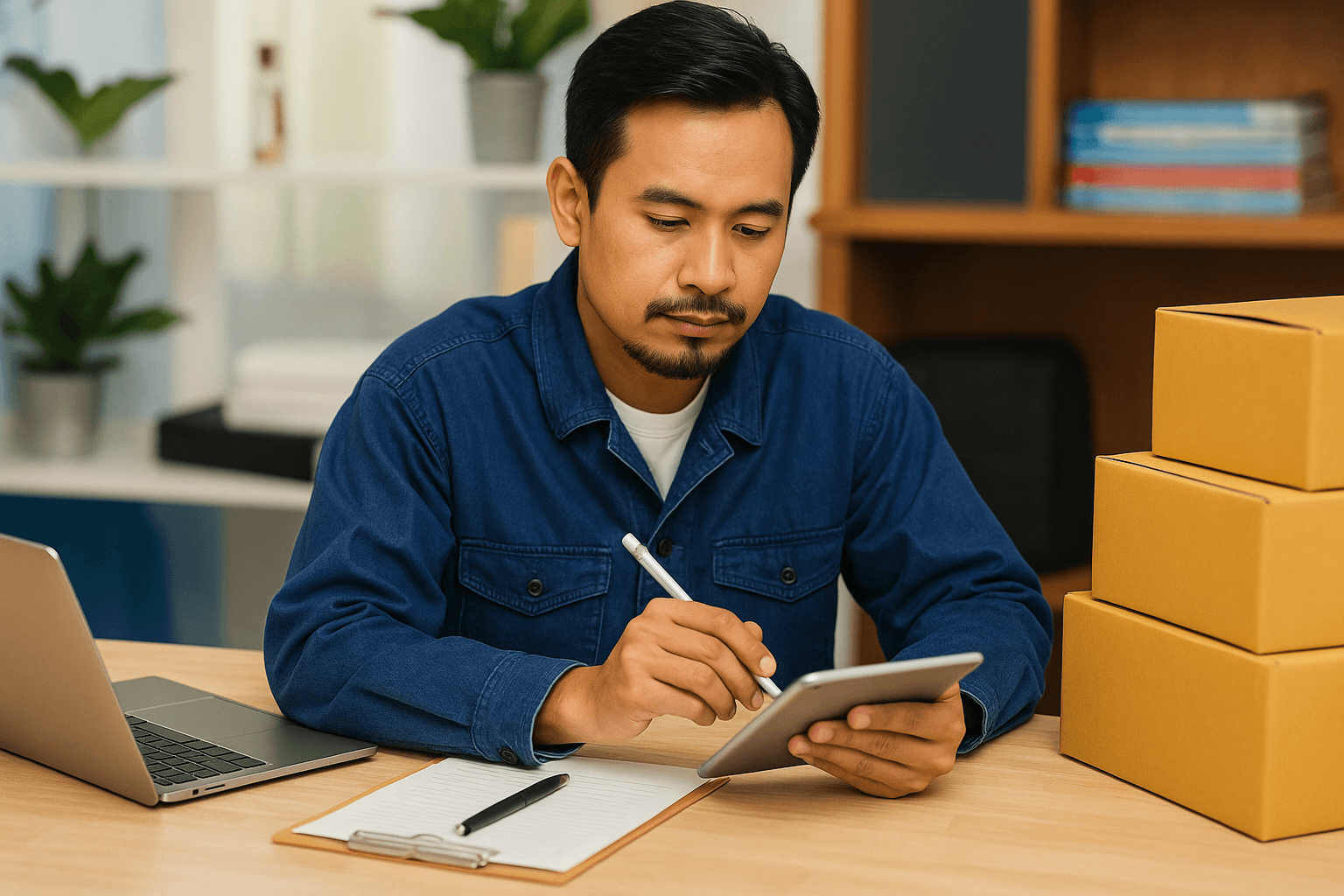 Photo d'un entrepreneur vérifiant des documents à côté de boîtes prêtes pour l'expédition, illustrant les opportunités pour les entreprises de toute taille sur le marketplace Amazon.