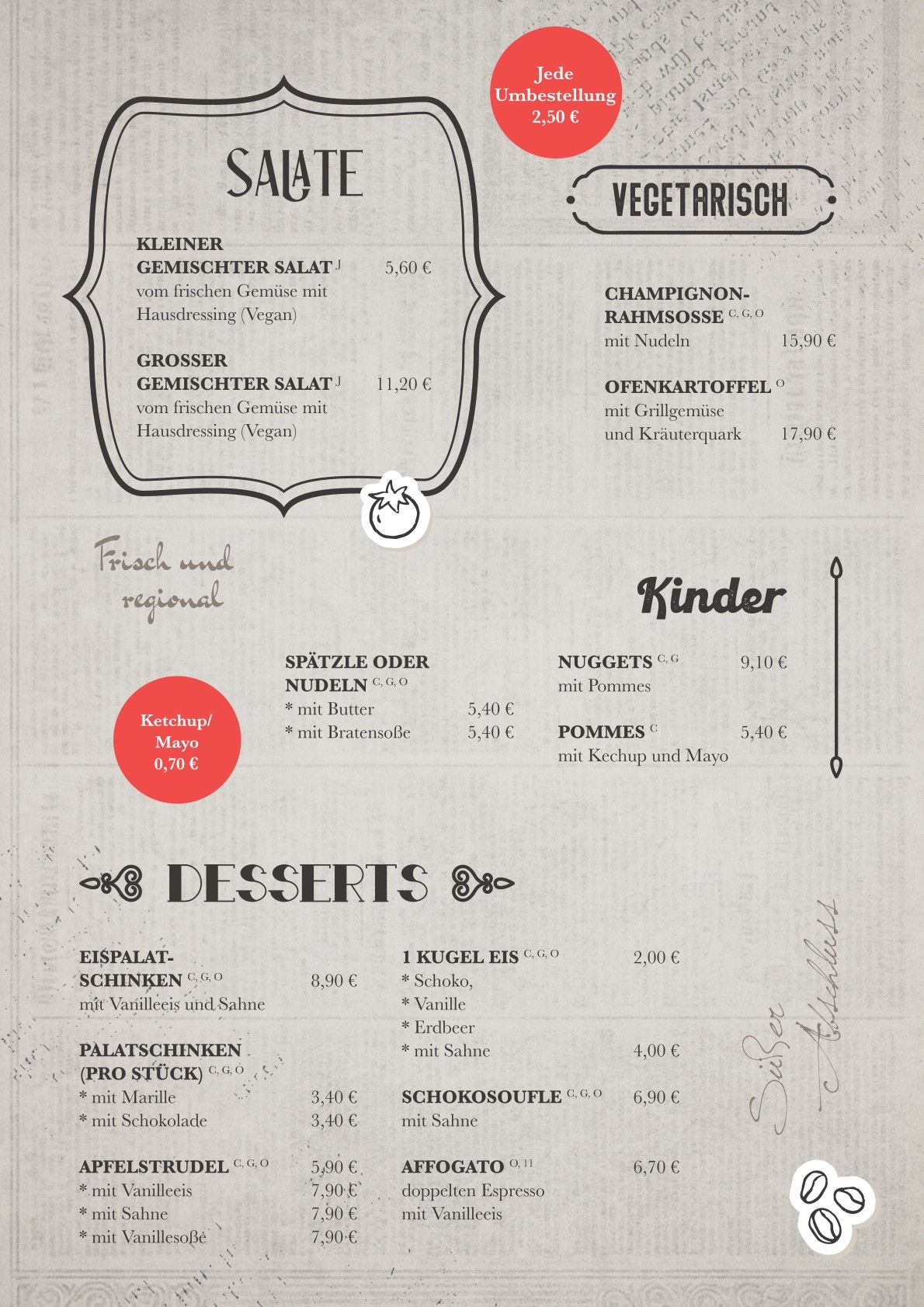 Speisekarte Seite 2: Salate, Vegetarisch, Kinder & Desserts
