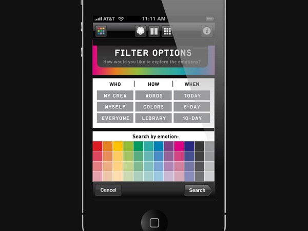 The image shows a black iPhone displaying a screen titled "FILTER OPTIONS" at the top. Below the title, a color bar presents options for "WHO," "HOW," and "WHEN" with corresponding color selections: "MY CREW," "WORDS," "TODAY," "MYSELF," "COLORS," "5-DAY," "EVERYONE," "LIBRARY," and "10-DAY." At the bottom of the screen, a color palette section labeled "Search by emotion:" offers a color selection interface, with a color grid and a search bar. The top of the screen shows standard iPhone status icons: AT&T signal strength, Wi-Fi connection, time (11:11 AM), and battery level.