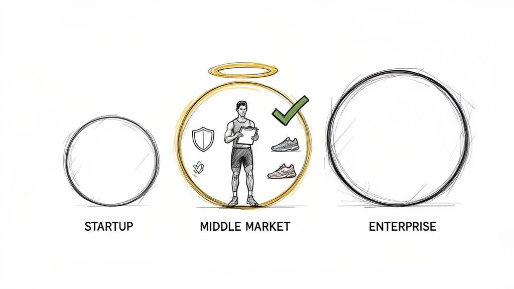 An illustration of market segmentation: Startup, Middle Market (with solution icons), and Enterprise.