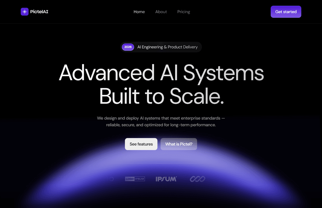 Homepage design featuring a black background with a violet semi-sphere graphic.