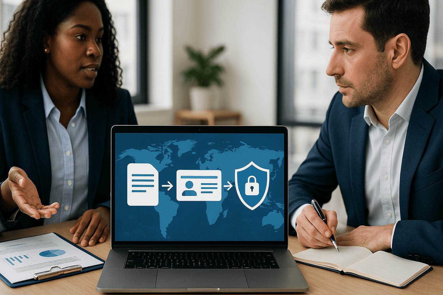 Two professionals in a modern office reviewing documents and a laptop dashboard showing identity verification and secure payment symbols, representing marketplace payments compliance.