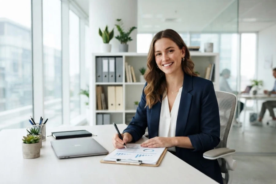 Woman sitting at desk working on HR papers