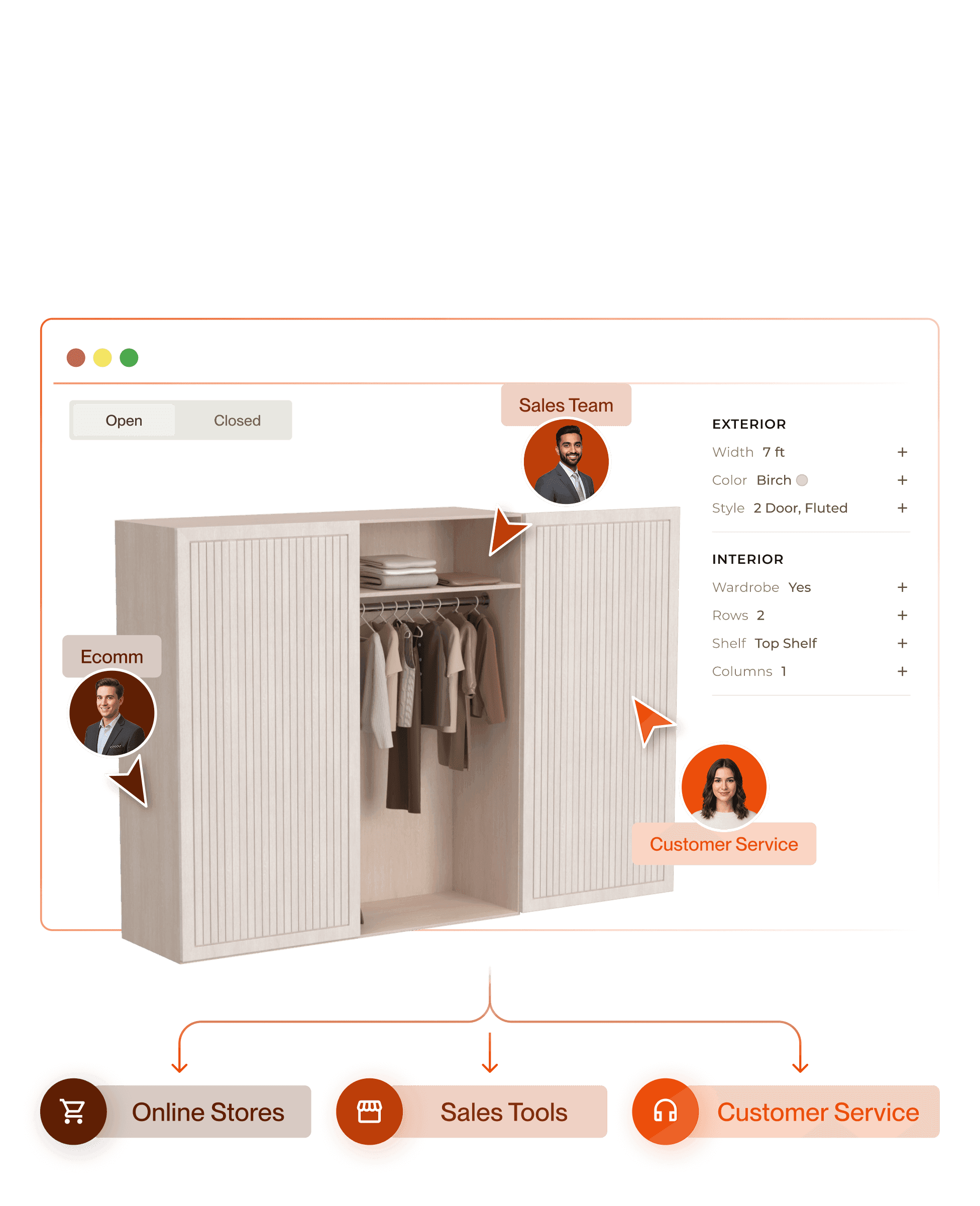 Custom closet configuration shared across online stores, sales tools, and customer service