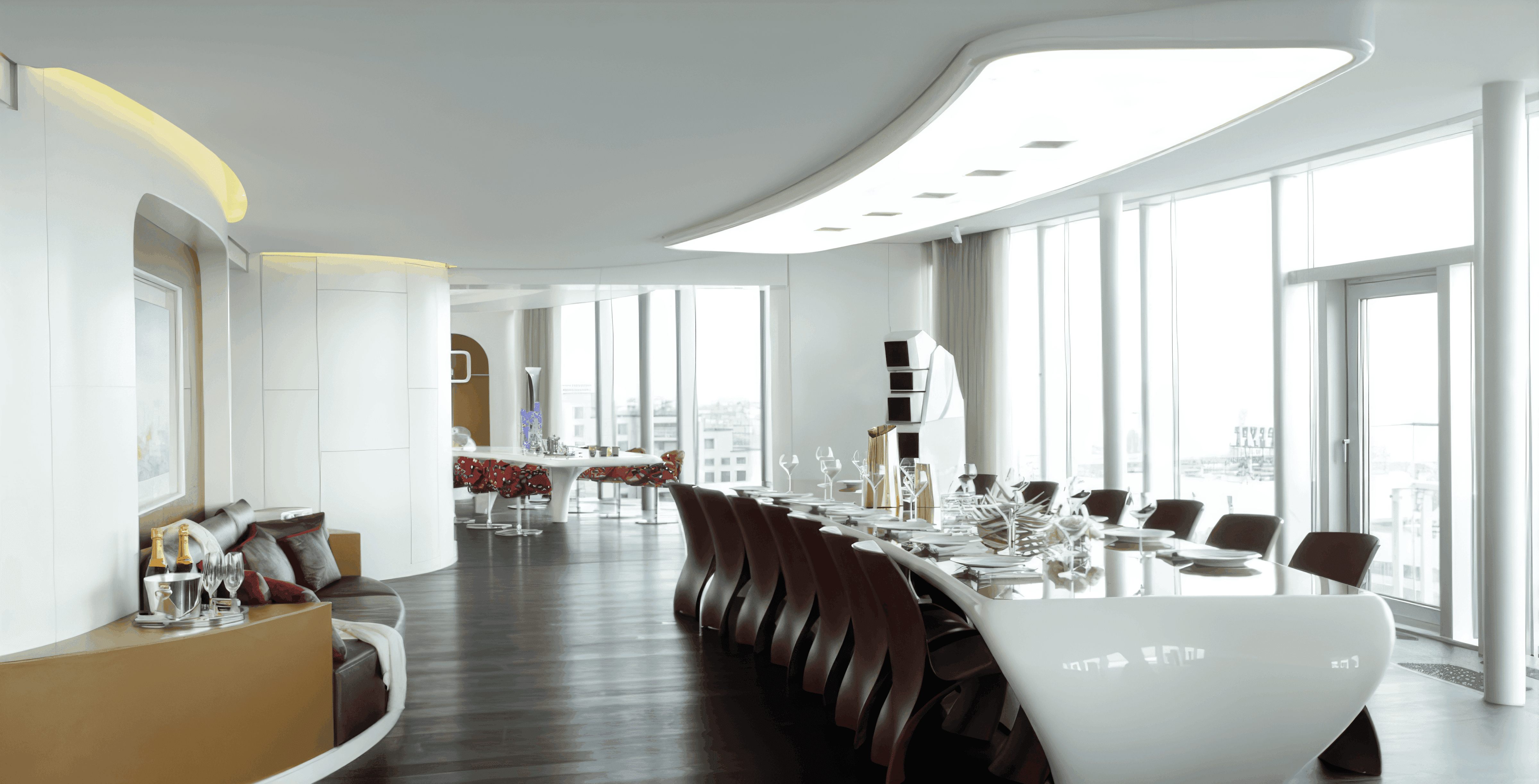 MW Interior  - Großzügiger Penthouse-Essbereich mit weißem Designertisch, dunkelbraunen Stühlen und Panoramaverglasung über den Dächern von Sankt Petersburg" Ein lang gestreckter weißer Esstisch mit geschwungener Kontur bietet Platz für rund 16 Personen; die Stühle zeigen eine organisch geformte Rückenlehne in Dunkelbraun. Raumhohe Verglasungen entlang der Außenwand geben den Blick über die Stadt frei. Im Hintergrund ist der kleinere Frühstücks- oder Besprechungsbereich mit gemusterten Sesseln sichtbar.