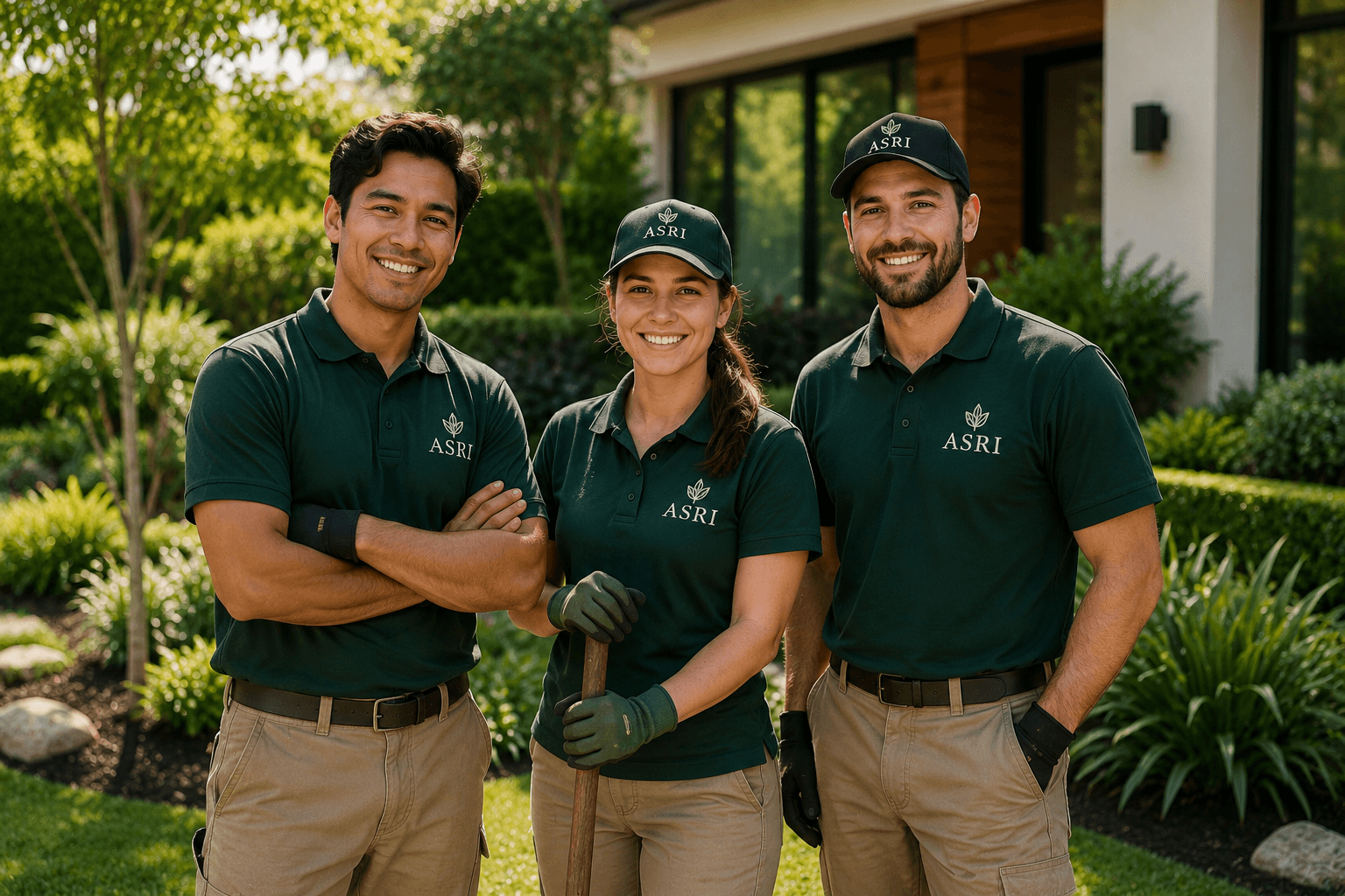 Three smiling landscapers in matching green ASRI polo shirts, caps, and khaki pants standing together in a lush, manicured garden.