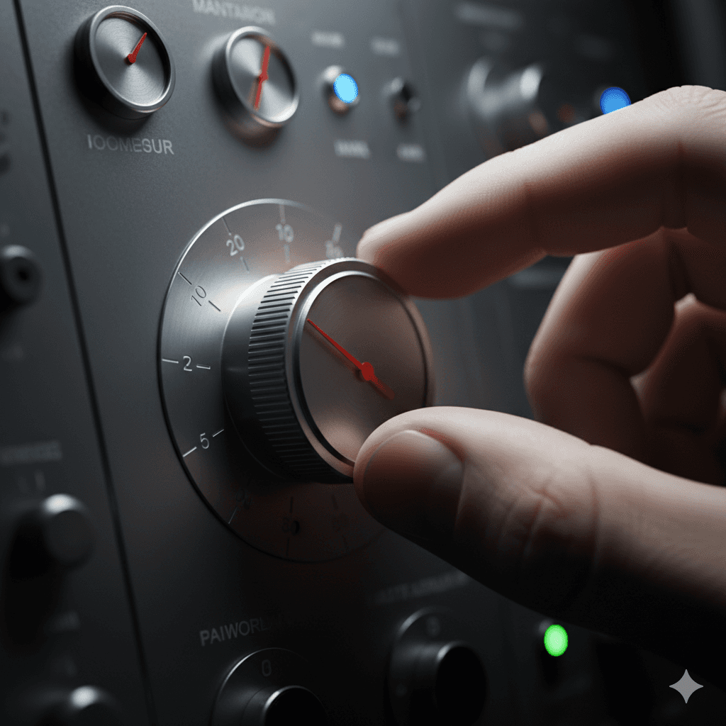 A macro shot of a high-end metal dial or a precision instrument being adjusted. Silver and dark grey tones, cinematic lighting, shallow depth of field. Represents "Constant Tuning/Optimization."